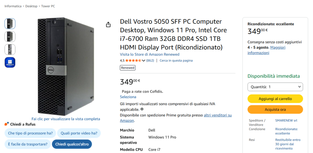 Annuncio del PC ricondizionato per homelab su Amazon