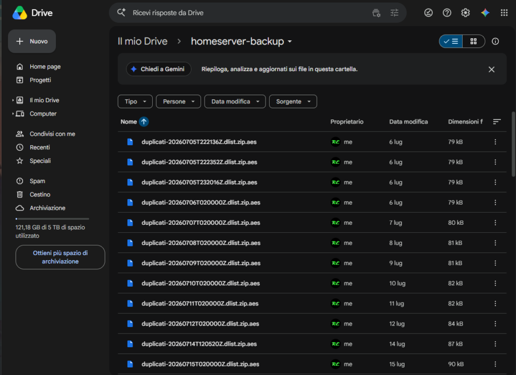 File di backup homelab Duplicati sincronizzati su Google Drive