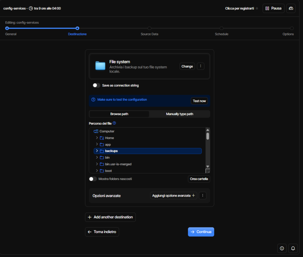 Backup homelab Duplicati: destinazione su HDD locale