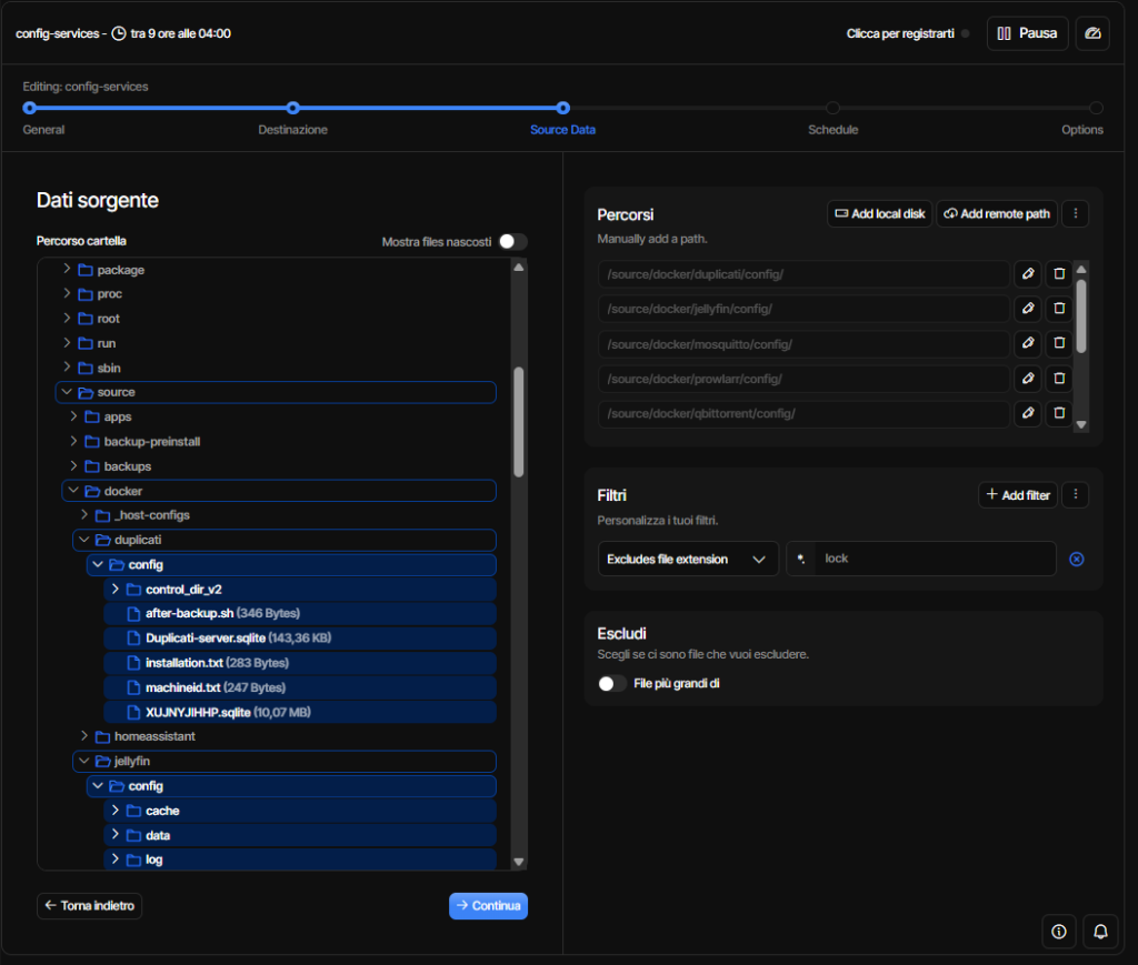 Cartelle sorgente del backup homelab Duplicati