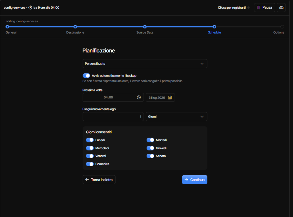 Pianificazione automatica del backup homelab Duplicati