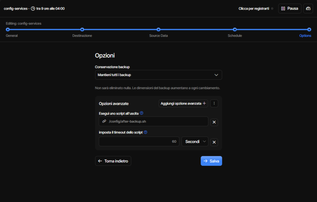 Opzioni avanzate del backup homelab Duplicati