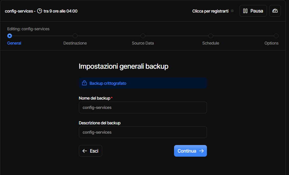 Configurazione backup homelab Duplicati: impostazioni generali