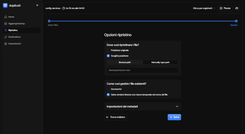 Ripristino di prova su percorso separato, backup homelab Duplicati