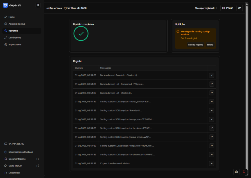Test di ripristino riuscito del backup homelab Duplicati